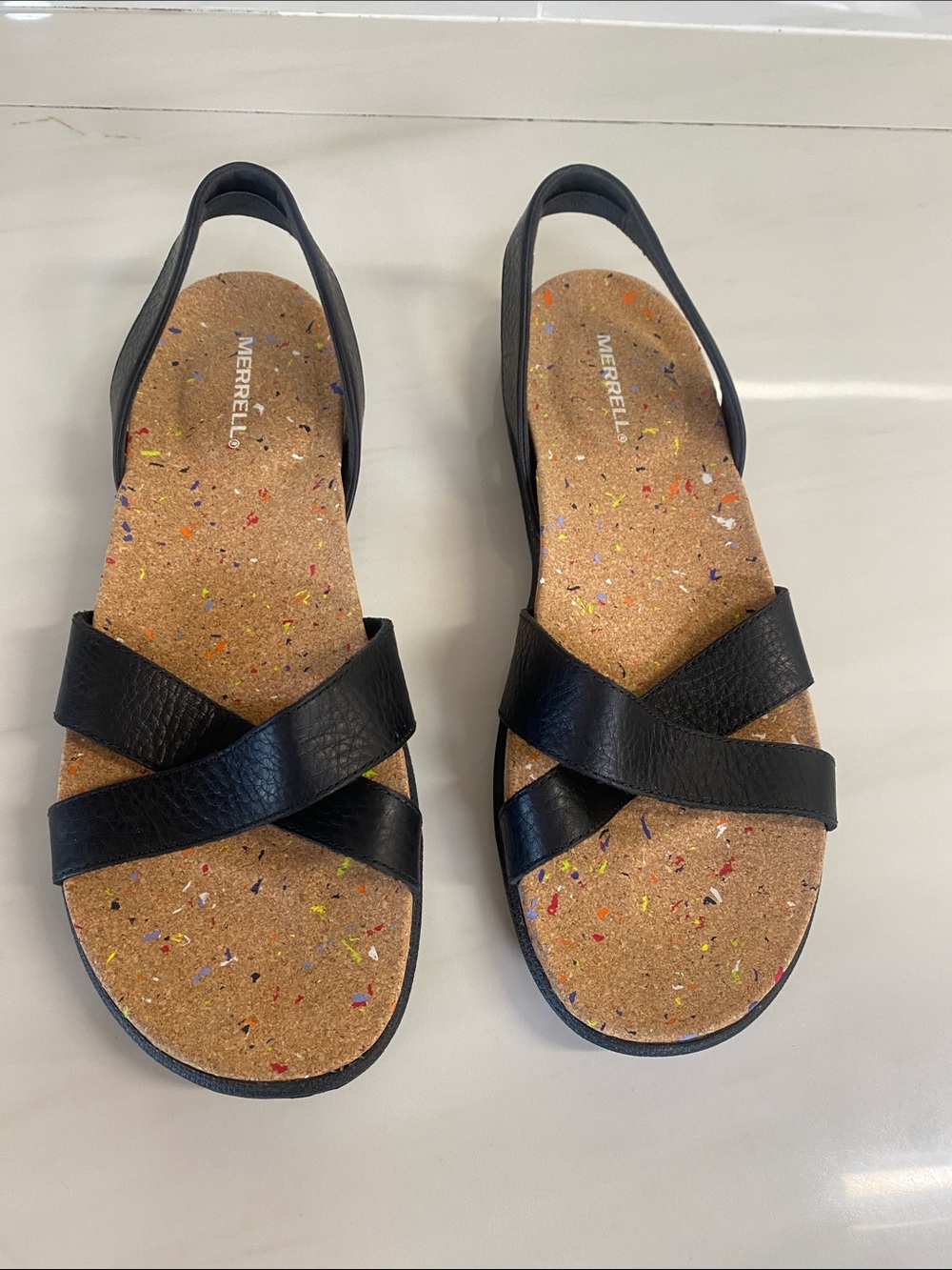 MERRELL 
 Women's Black Leather Cross-Strap Slingback Sandals